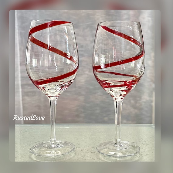 Pier 1 Swirline Red Water Glasses / Hand Crafted Red Ribbon Water Goblets / Swirline Pier 1 Water Glasses / Swirline Pier 1 Glassware - 2