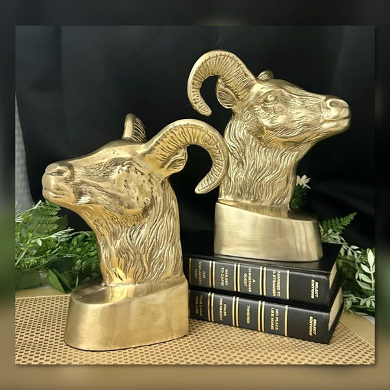 XL Vintage Brass Large Ram Book Ends / 9.5" Brass Ram Head Bookends / Tall Mid Century Modern Ram Statues / Polished Brass Ram Book Ends