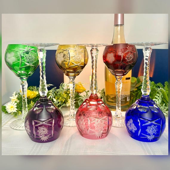 Bohemian Colored Wine Glasses / Cut to Clear Vintage Wine Goblets / Bohemian Styled Multicolored Wine Glasses / Vintage Cut to Clear Goblets