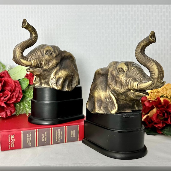 Elephant Book Ends /  Bronzed Colored Elephant Bookends / Trunks Up Happiness Elephant Book Holders / Heavy Pair Elephant Book Ends