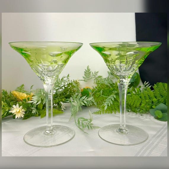 Waterford Crystal Simply Pastel Lime Martini Glasses / Vintage Waterford Barware Martini Glasses / Green Waterford Crystal Barware Glasses