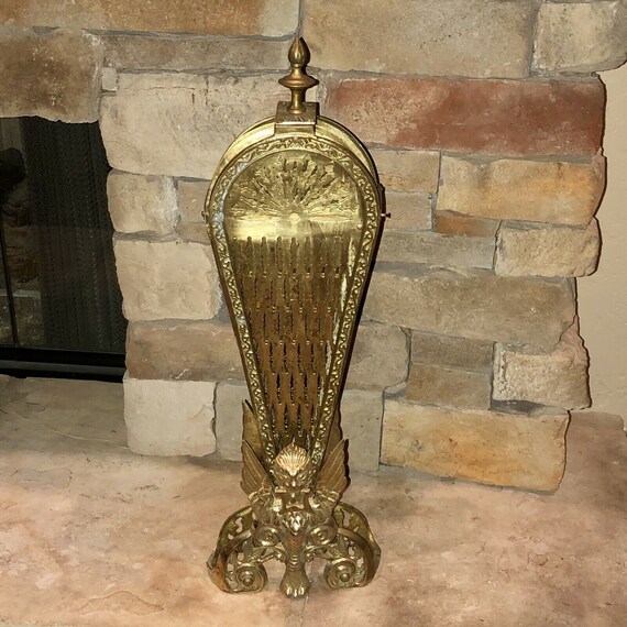 Vintage Brass Fireplace Screen Gargoyle Peacock Folding Fan Etsy