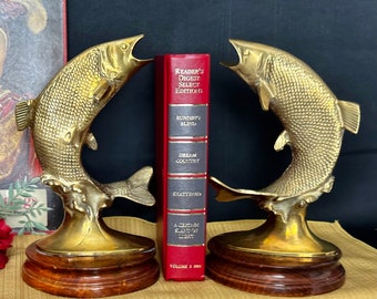 Solid Brass Fish Bookends / Bass Fish Statues / Carp Book Ends Vintage /  Brass MCM / Office Shelf Decoration / Dads Gift / Nautical Decor 