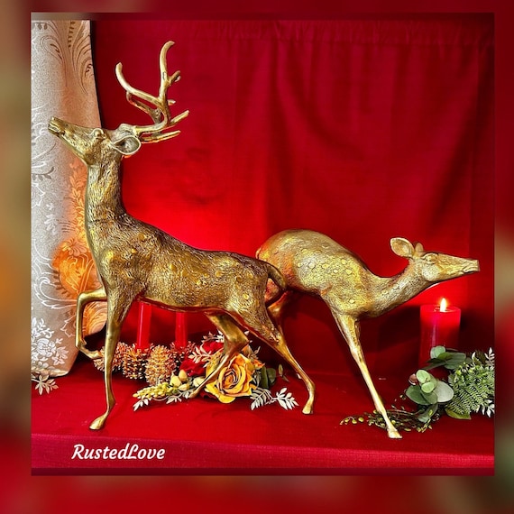 Brass Deer Figures / Brass Reindeer Statues / Christmas Reindeer / MCM Gold Brass Deer / Vintage Brass Deer / Christmas Holiday Reindeer