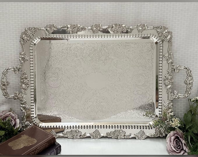 Vintage Birmingham Silver Co Footed Serving Tray Grape Vine Silverplate 30.5"