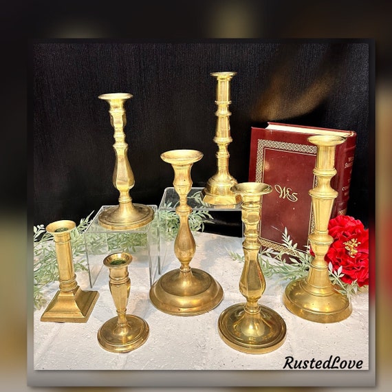English Brass Candlesticks / Vintage Taper Candle Holders / Polished Brass Candle Sticks / Brass Pair Rostand Candlesticks / Candle  Set 7 *