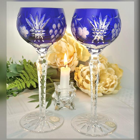 Cobalt Blue Hock Wine Crystal Clear Industries Bohemian Cut to Clear Hungary - 2