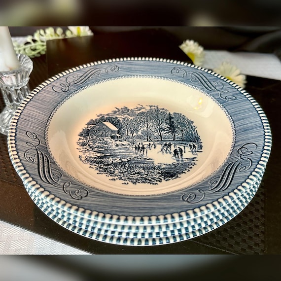 Currier & Ives Bowls Early Winter / Blue and White Currier and Ives Dishes / Vintage Early Winter Currier and Ives Bowls / Set of 4 Bowls