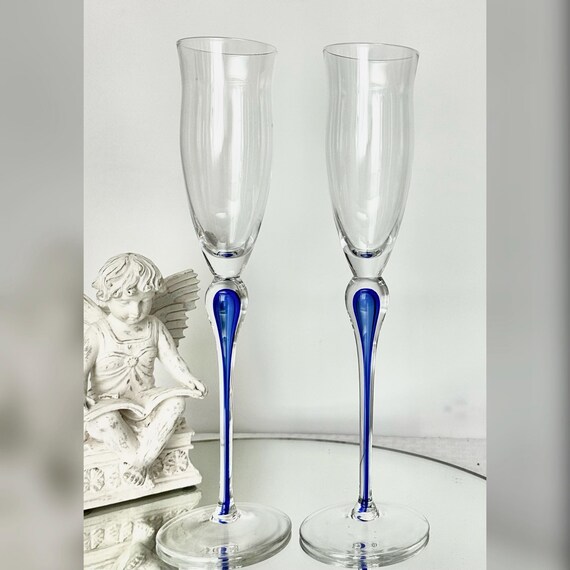 Julliard Mikasa Blue Champagne Flutes / Mikasa Julliard Cobalt Blue Tear Drop Stem / Julliard Mikasa Flute Toasting Champagne Glasses