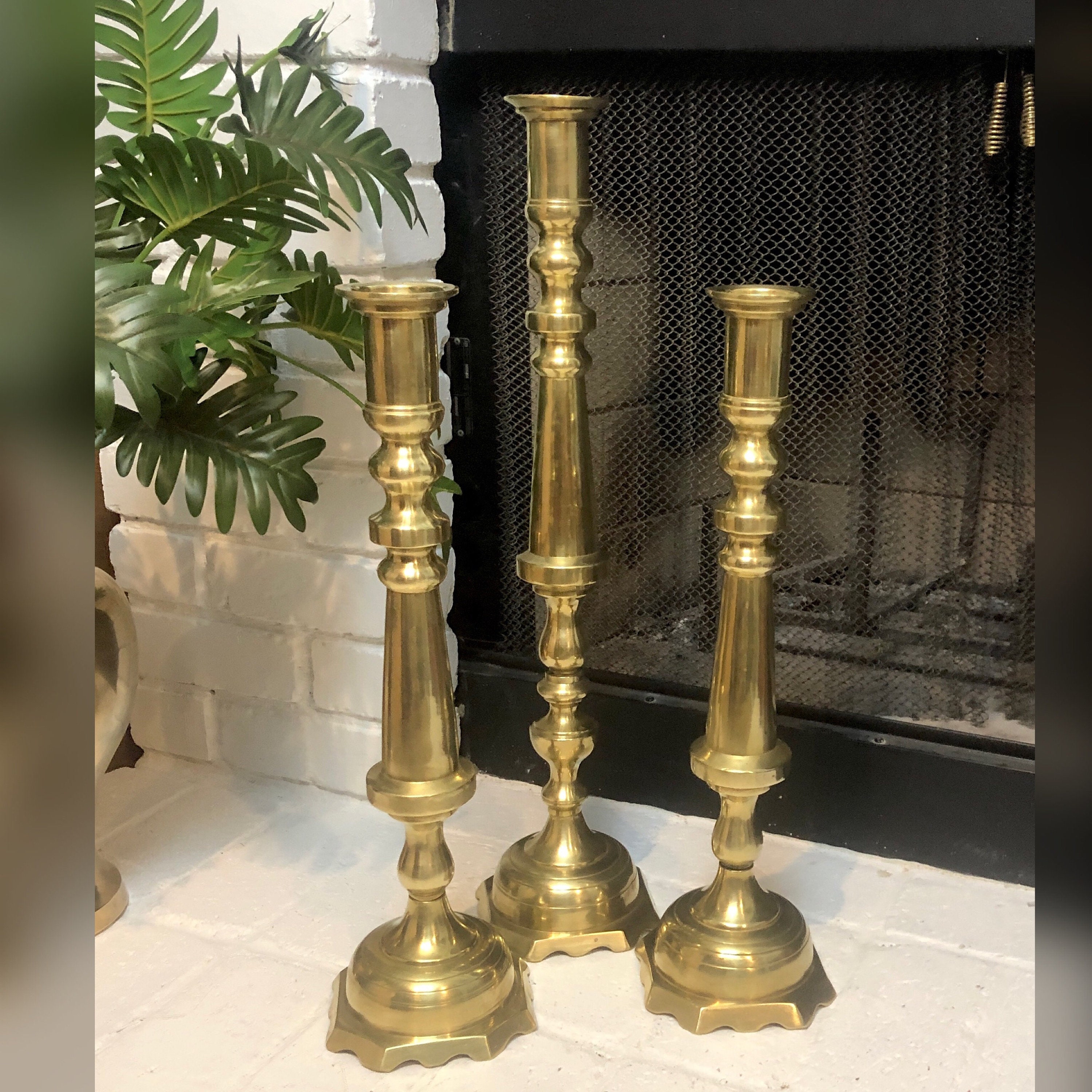 Floor Brass Candlesticks / Fireplace Hearth Candlesticks / Brass