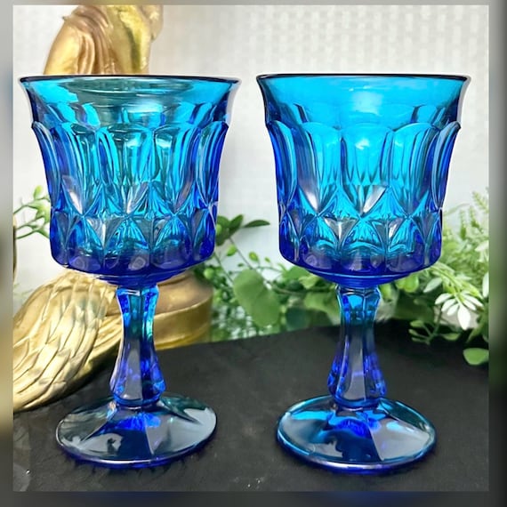 Vintage Noritake Blue Water Goblets, Mid-Century Pressed Glass, Set of 2