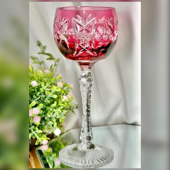 Vintage Beyer Cranberry Cut to Clear Hock Wine Glass