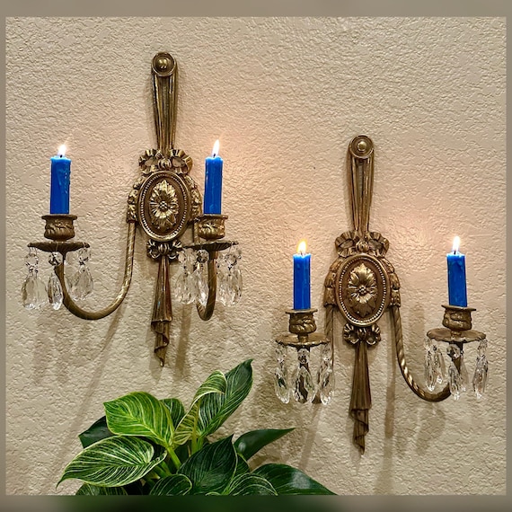 Vintage Brass Wall Candle Sconces with Crystals  / French Louis XVI Styled Candle Wall Sconce / Brass Wall Sconces with Hanging Crystals