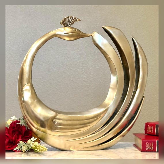 Dolbi Cashier Brass Swan / Solid Brass Swan Statue / Polished Brass Peacock Figure / Dolbi Cashier MCM Brass Swan / MCM Brass Bird Statue