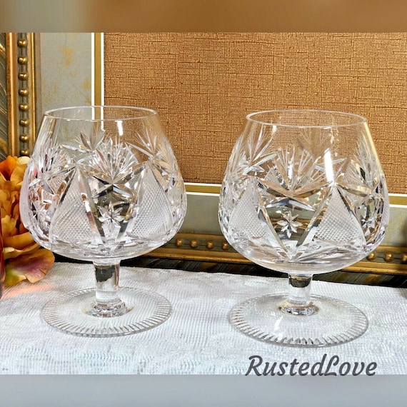 Vintage Brandy Glasses / Clear Cut Blown Glass Barware / Bohemian