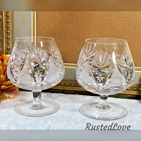 Vintage Brandy Glasses / Clear Cut Blown Glass Barware / Bohemian