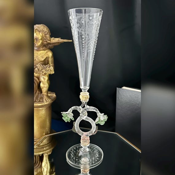Murano Glass Venetian Hand Blown Champagne Glass / Clear Gold & Green Flower Tipetto Glass / Murano Tipetto Champagne Glass / Italian Glass