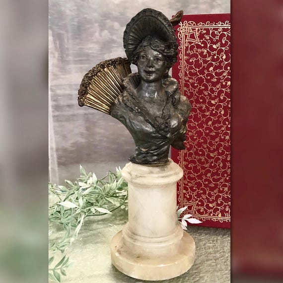 Antique Spelter Bust on Alabaster Art Nouveau Victorian Lady Sculpture