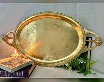Vintage Solid Brass Serving Tray Etched Floral Oriental Handles
