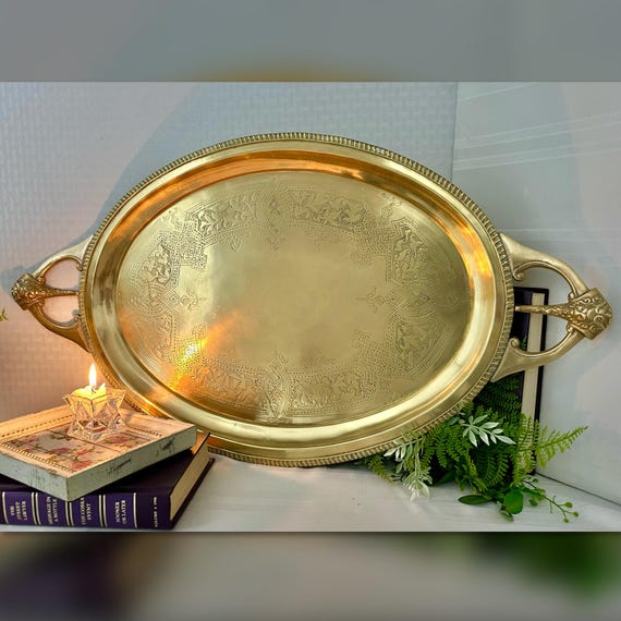 Brass Serving Tray / Vintage Polished Brass Decorative Tray / Handled Etched Brass Tray / Brass Coffee Table Tray / Decorative Brass Tray