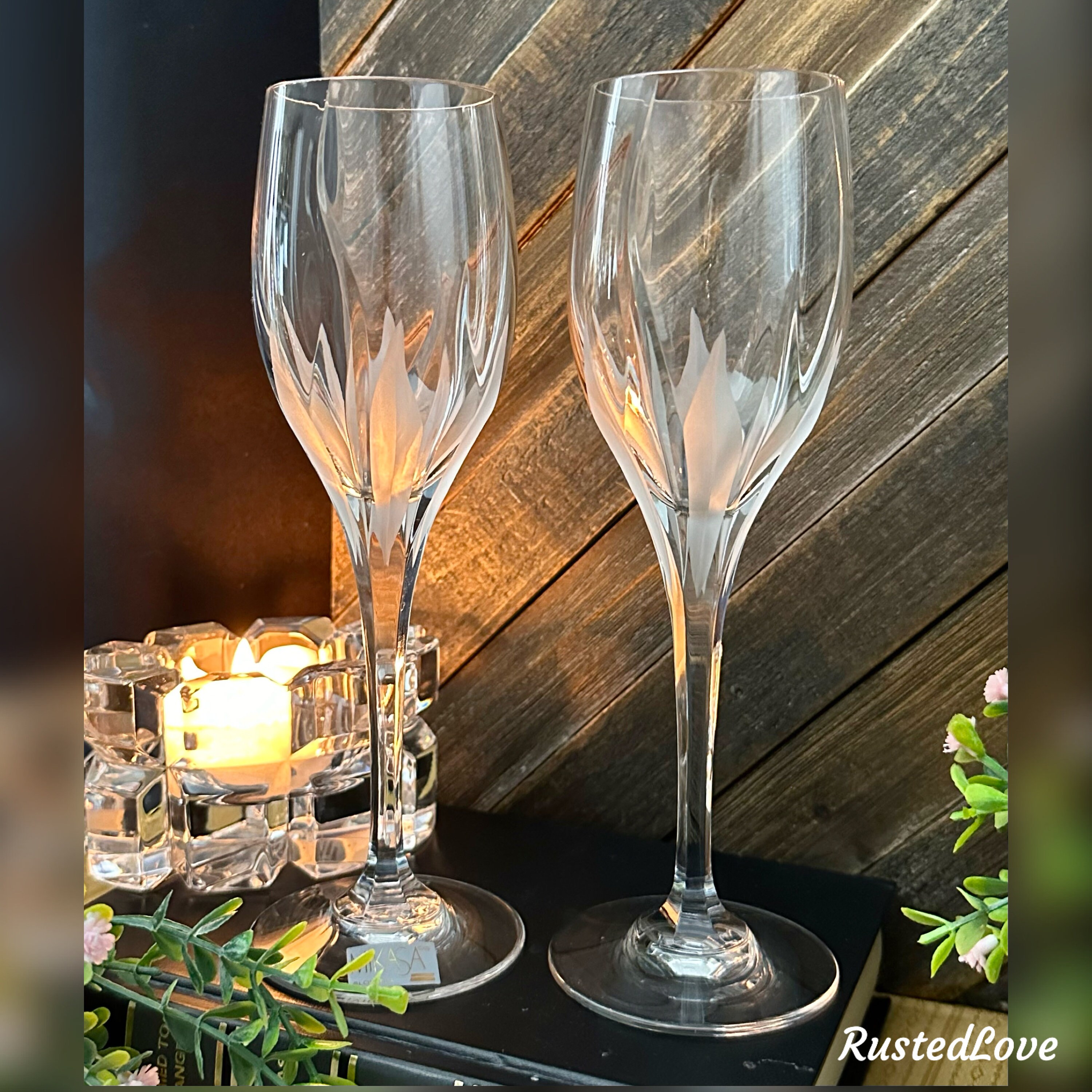 Champagne Flutes Flame d'Amore Mikasa Cut Crystal Wedding Toasting Glasses  - 2