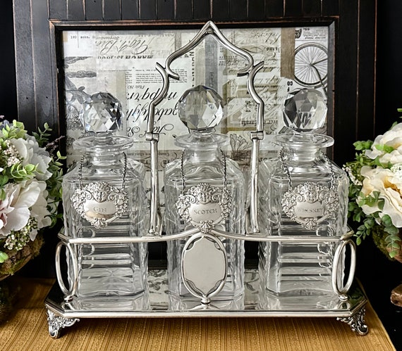 Antique Crystal Decanter Tantalus Set Liquor Caddy Sterling Silver