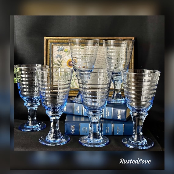 Libbey Sirrus Blue Wine  Glasses / Vintage Light Blue Spool Stem Glassware / Libbey Blue Sirrrus Glasses / Blue Sirrus Libbey Glassware - 6