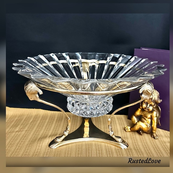 Rosenthal Crystal Bowl On Brass Stand /Rosenthal Art Deco Bowl / Brass Ram Head Vase Stand / Crystal Centerpiece Flower Vase / Vintage Bowl