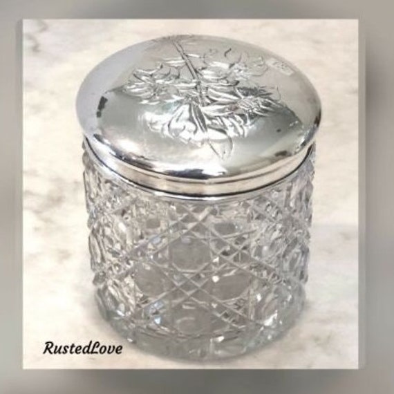 Sterling Silver Crystal Vanity Jar / Hobnail Powder Jar / Lidded Antique Box / Victorian Sterling Dressing Jar / Antique Glass Jewelry Box
