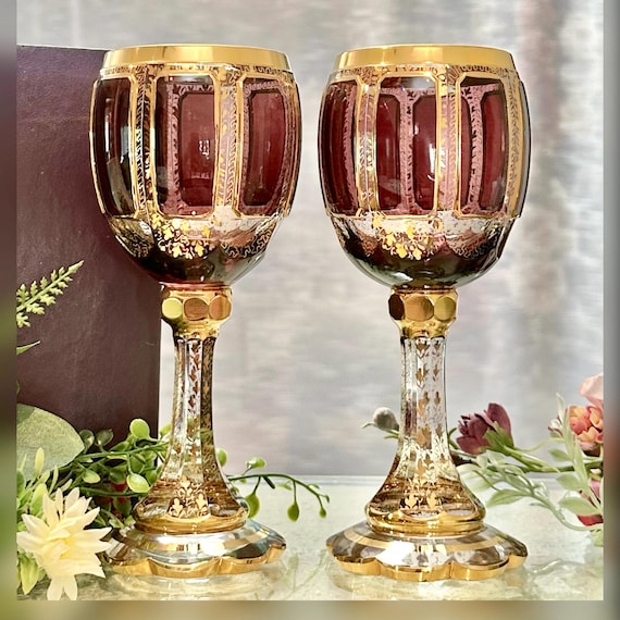 Steiner & Vogel Wine Glasses / Gold and Amethyst Moser Styled Wine Goblets / Antique Cabochon Paneled Steiner and Vogel Wine Glasses - 2