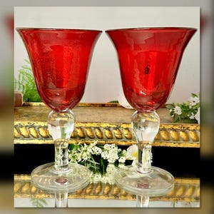 Vintage Artland Iris Ruby Red Bubble Water Goblets Pair Hand Blown Glass Stemware