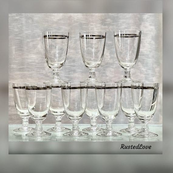 Fostoria Reflection Platinum Band Glassware / Reflection Fostoria Juice Glasses / Mid Century Modern Fostoria Vintage Barware - 11 Glasses