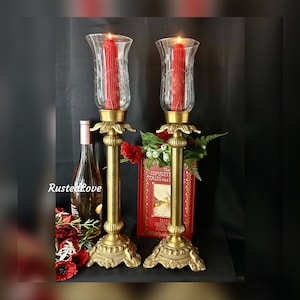 Candle Holders Solid Brass Gothic Vintage / Wedding / Pillar Candlesticks / Gold Holiday Decor / Decorative Mantle / Church Candlesticks