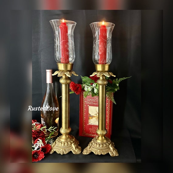 Candle Holders Solid Brass Gothic Vintage / Wedding / Pillar Candlesticks / Gold Holiday Decor / Decorative Mantle / Church Candlesticks
