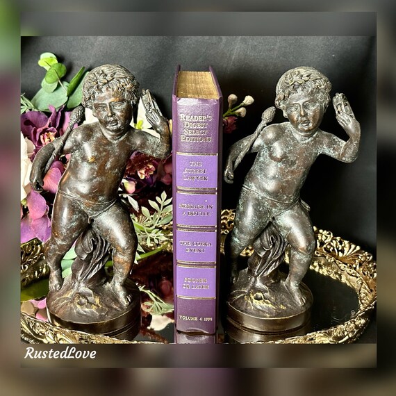 Cherubs Bronze Statues / Maitland-Smith / Putti Tambourines / Cherub Book Ends / Shelf Decorative Statues / Home and Living Decoration