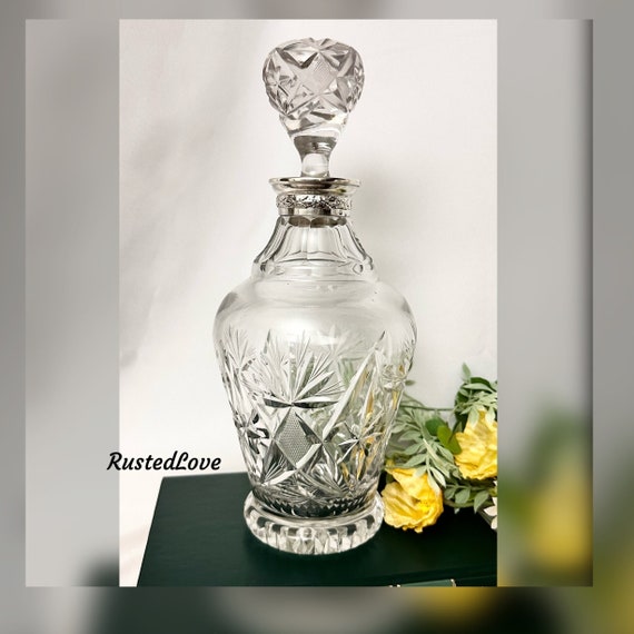 Bohemian Crystal Decanter / Vintage Sterling Silver Collared Rim Decanter / Bohemian Styled Cut Barware / Liquor Decanter / Sterling Neck