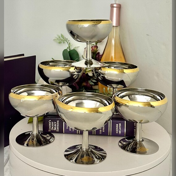 Gold Plated Zahran Stainless Steel 18/10 Punch Bowl Cups / 24K Gold Trimmed Champagne Cups / Zahran Stainless Steel 18/10  Punch Bowl Cups 6
