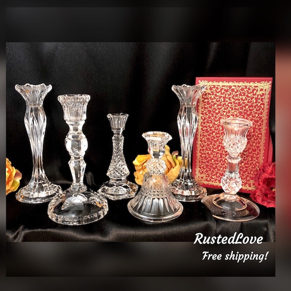 Candle Holders Set / Glass / Crystal / Vintage Mixed Style / Wedding Candle sticks / Centerpiece Holiday Taper Candlesticks / BoHo Chic Set