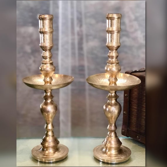 Candle Holders Solid Brass Polished Vintage / Wedding / Alter Pillar Candles / Gold Holiday Decor / Decorative Centerpiece Candlesticks
