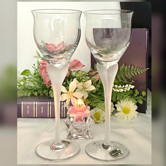 Mikasa Sea Mist Frosted Stem Wine Glasses Clear / Frosted Clear Mikasa Stemware / Sea Mist Wine Goblets / Vintage Mikasa Clear Wine Goblets