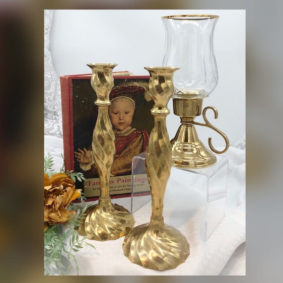 Vintage Candle Holders / Brass Pillar Taper Candlesticks / Vintage Glass Hurricane / Centerpiece Candle sticks / Polished Brass Candlesticks