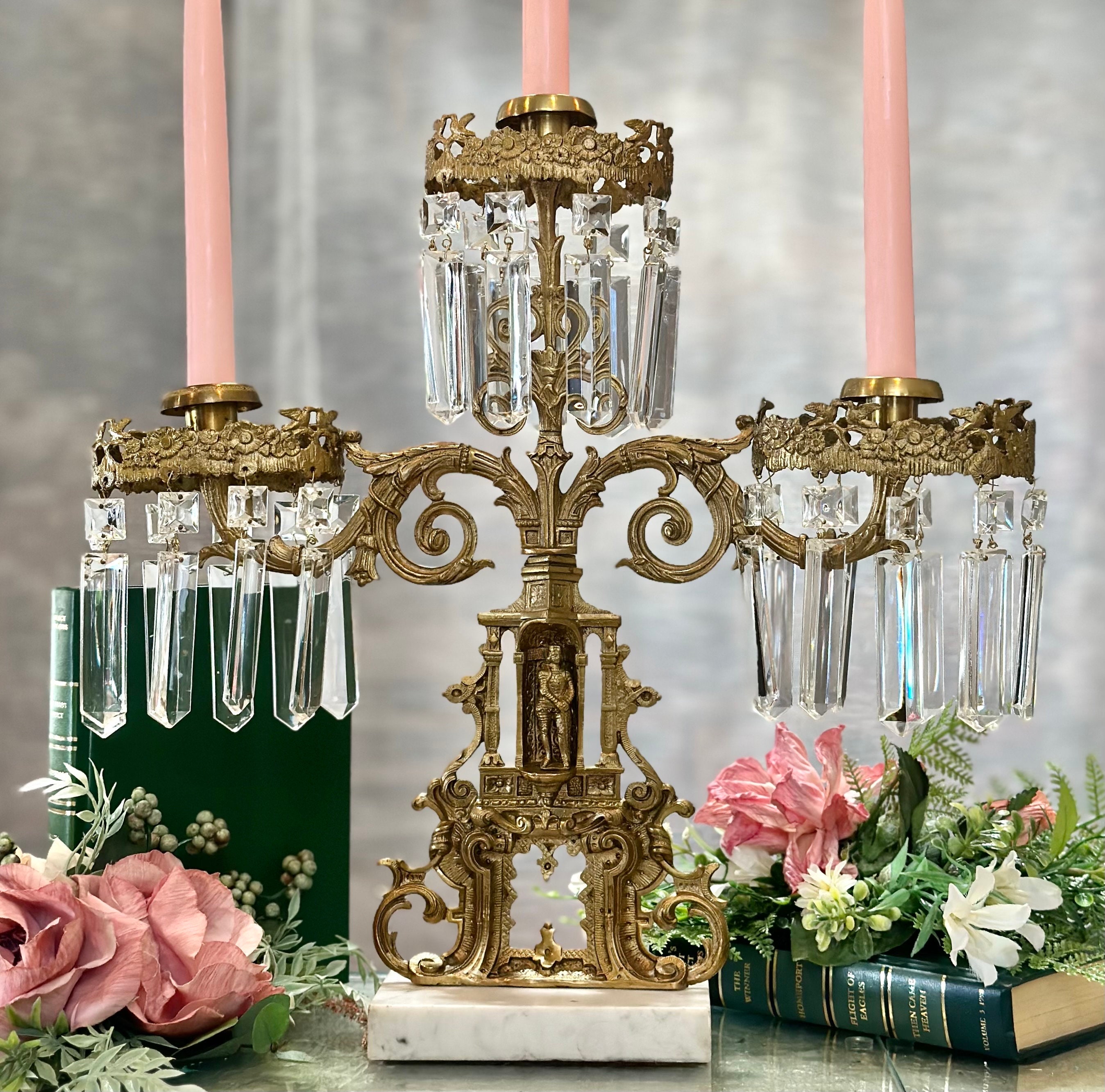 Candelabra, Three Candle Stick, Crystal, Brass,Marble, Vintage