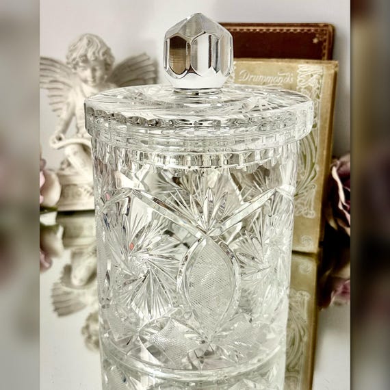 Vintage Cut Crystal Biscuit Jar Lidded Star of David Diamond Pattern 8"