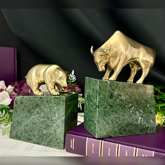 Bull & Bear Book Ends /Brass and Marble Stock Market Book Ends /  MCM Wall Street Bookends / Mid Century Brass Bear and Bull Book Holders