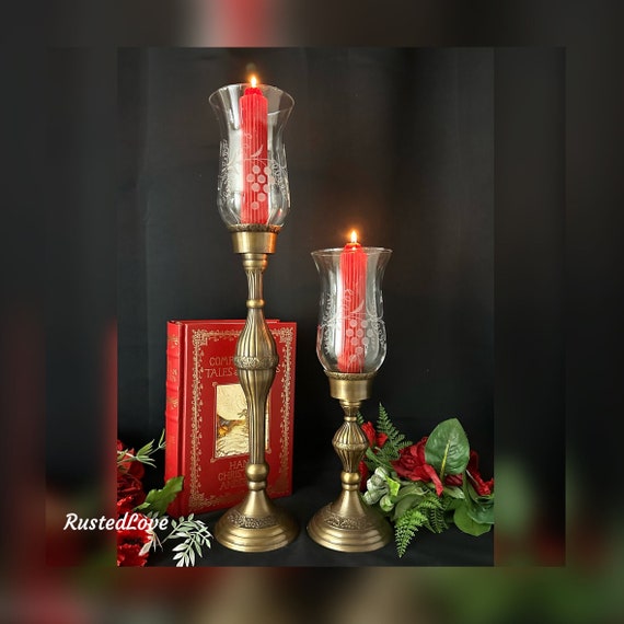 Hurricane Holders Antiqued Bronze colored / Hurricane Glass Candle Holder / Christmas Centerpiece / Clear glass / Centerpiece Candlesticks