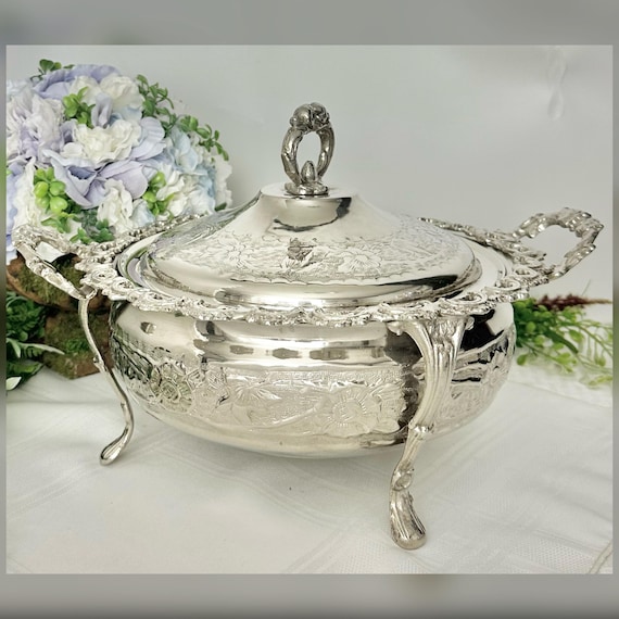 Antique Silverplate Silver Plate Covered Serving Dish,  Repousse Footed Bowl w/ Lid