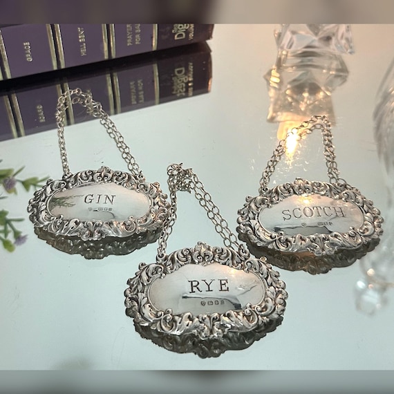 Sterling Decanter Tags / English Sterling Silver Decanter Labels / Sterling Sheffield 1988 Barware Tags / Silver Decanter / Set Liquor Tags