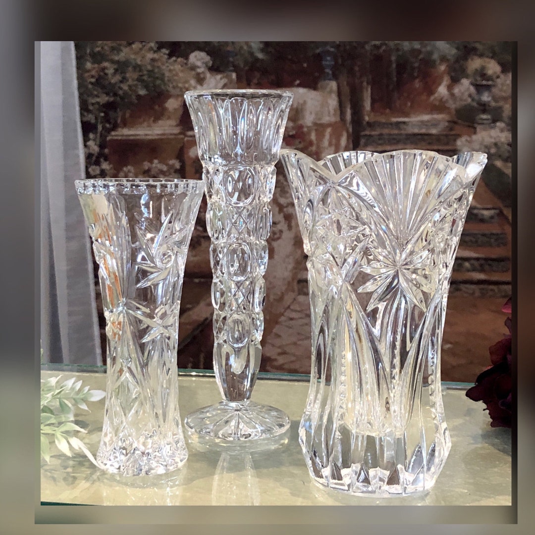 Crystal Cut Glass Vases / Vintage Glass Flower Vases / Etched Crystal
