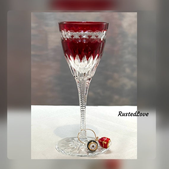 Faberge Red Cordial Na Zdorovye / Faberge Blown Cut to Clear Cordials / 2 Faberge Egg Wine Charms / Na Zdorovye Faberge Cordial Glass - 1