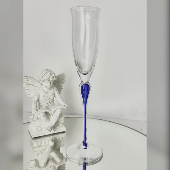 Julliard Mikasa Champagne Flute / Mikasa Julliard Cobalt Blue Stem / 12.25" Tall Fluted Champagne Glass / Tear Drop Stem Champagne Flute